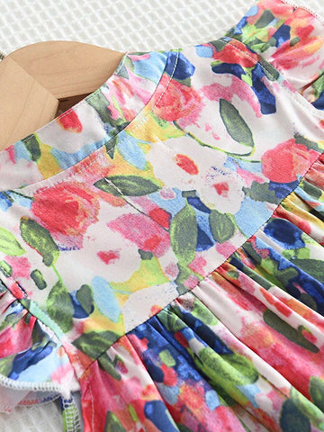 Young Girl Stand Collar Cap Sleeve Floral Print A-Line Dress, Summer
