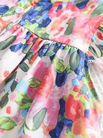 Young Girl Stand Collar Cap Sleeve Floral Print A-Line Dress, Summer