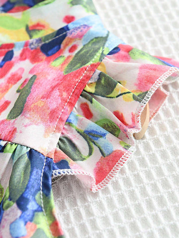 Young Girl Stand Collar Flying Sleeve Floral Print A-Line Dress, Summer