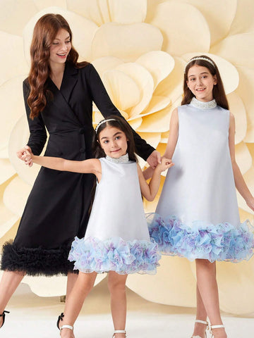 Young Girl Stand Collar Pearl Decor Floral Print Organza Ruffle Hem Sleeveless Princess Dress, Elegant