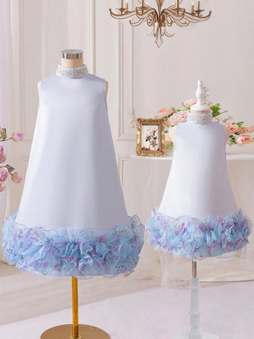 Young Girl Stand Collar Pearl Decor Floral Print Organza Ruffle Hem Sleeveless Princess Dress, Elegant