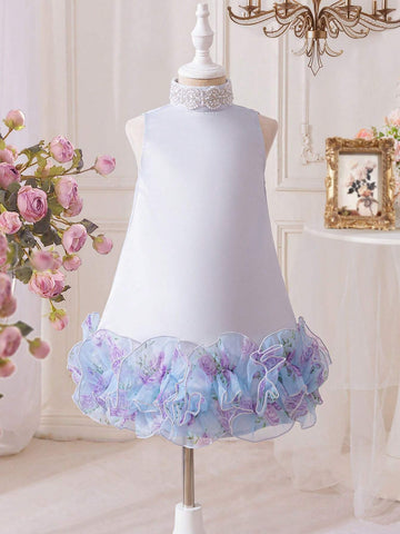 Young Girl Stand Collar Pearl Decor Floral Print Organza Ruffle Hem Sleeveless Princess Dress, Elegant