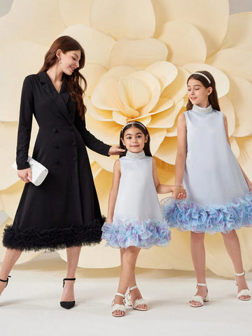 Young Girl Stand Collar Pearl Decor Floral Print Organza Ruffle Hem Sleeveless Princess Dress, Elegant