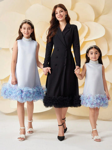 Young Girl Stand Collar Pearl Decor Floral Print Organza Ruffle Hem Sleeveless Princess Dress, Elegant