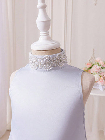 Young Girl Stand Collar Pearl Decor Floral Print Organza Ruffle Hem Sleeveless Princess Dress, Elegant