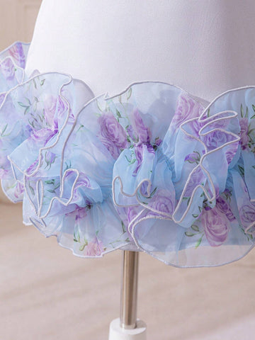 Young Girl Stand Collar Pearl Decor Floral Print Organza Ruffle Hem Sleeveless Princess Dress, Elegant