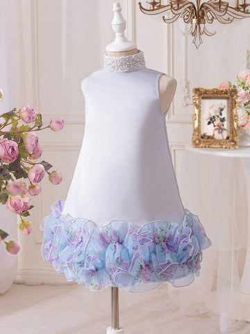 Young Girl Stand Collar Pearl Decor Floral Print Organza Ruffle Hem Sleeveless Princess Dress, Elegant