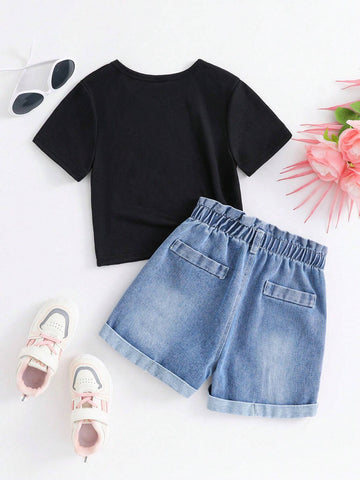 Young Girl Star Pattern Printed Short-Sleeved T-Shirt And Denim Shorts