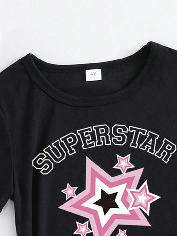 Young Girl Star Pattern Printed Short-Sleeved T-Shirt And Denim Shorts