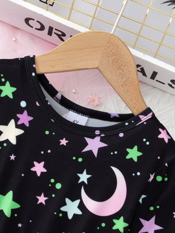 Young Girl Star & Moon Print Short Sleeve Round Neck Knitted Dress, Spring & Summer Holiday Dress