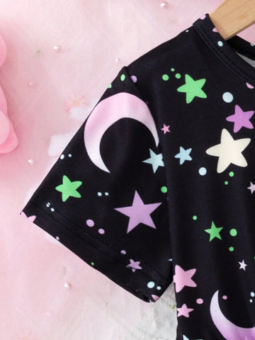 Young Girl Star & Moon Print Short Sleeve Round Neck Knitted Dress, Spring & Summer Holiday Dress