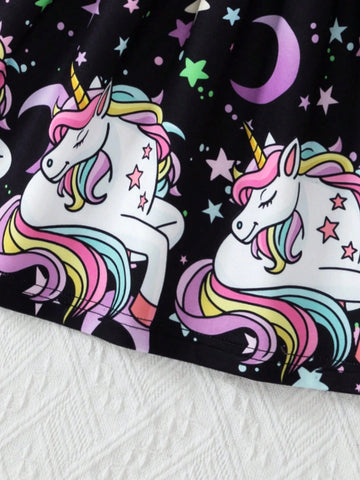 Young Girl Star & Moon Print Short Sleeve Round Neck Knitted Dress, Spring & Summer Holiday Dress