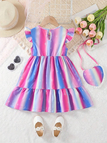 Young Girl Star & Rainbow Gradient Printed Ruffled Sleeve Casual Dress Set With Bag, Girls' Casual Dress