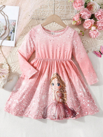 Young Girl' Starry Design Comfy Princess Dress, Suitable For Outdoor, Playground, Picnic In Spring And Autumn