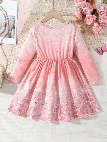 Young Girl' Starry Design Comfy Princess Dress, Suitable For Outdoor, Playground, Picnic In Spring And Autumn