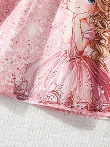 Young Girl' Starry Design Comfy Princess Dress, Suitable For Outdoor, Playground, Picnic In Spring And Autumn