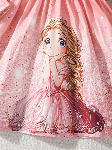 Young Girl' Starry Design Comfy Princess Dress, Suitable For Outdoor, Playground, Picnic In Spring And Autumn