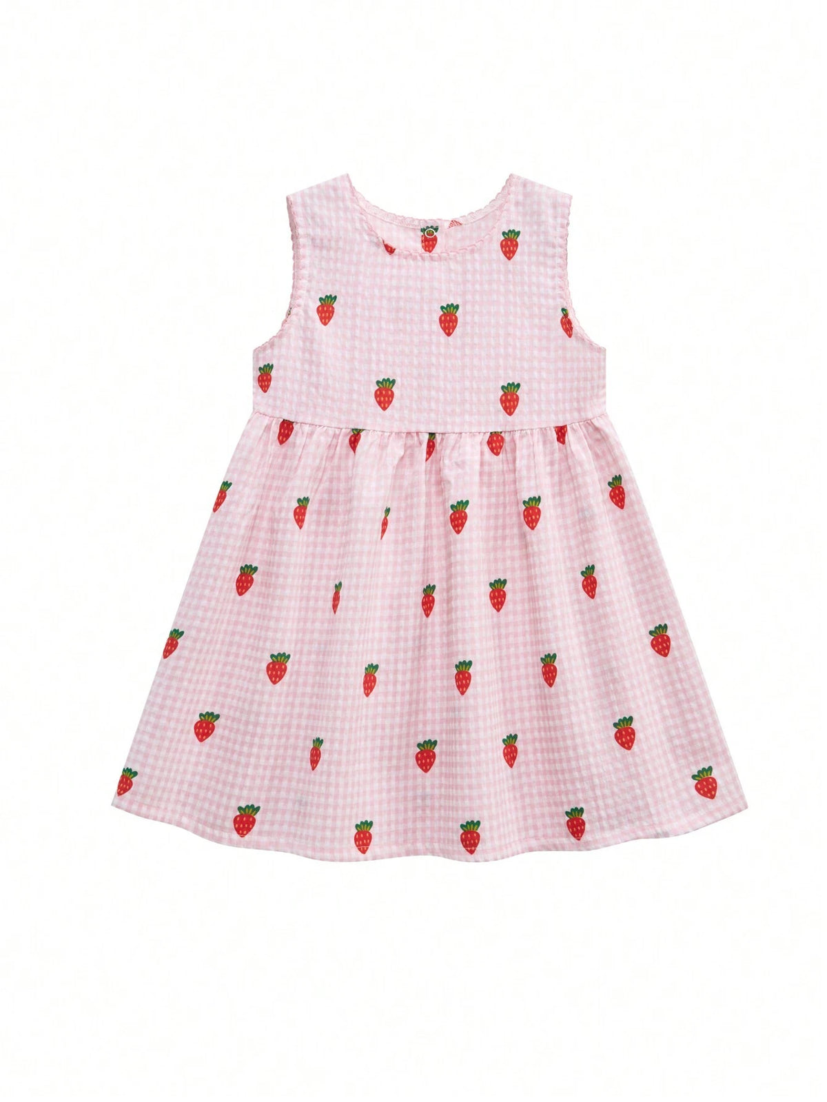 Young Girl Strawberry And Gingham Print Smock Dress For Summer