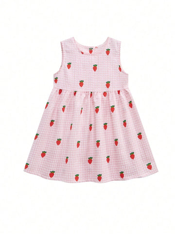Young Girl Strawberry And Gingham Print Smock Dress For Summer