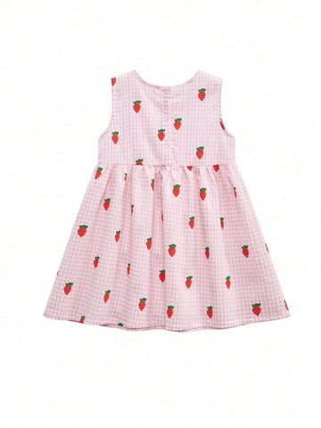Young Girl Strawberry And Gingham Print Smock Dress For Summer