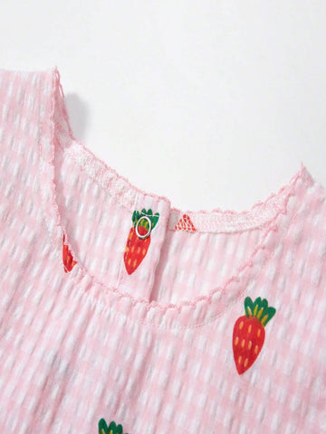 Young Girl Strawberry And Gingham Print Smock Dress For Summer