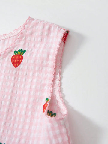 Young Girl Strawberry And Gingham Print Smock Dress For Summer