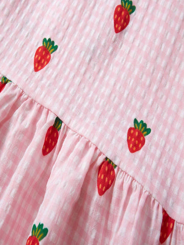 Young Girl Strawberry And Gingham Print Smock Dress For Summer