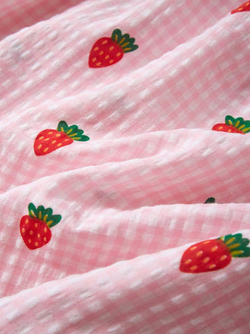 Young Girl Strawberry And Gingham Print Smock Dress For Summer