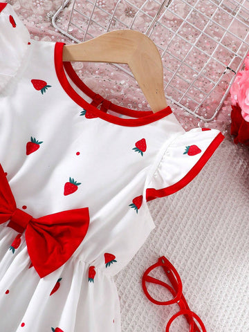 Young Girl Strawberry Print Cap Sleeve Dress, Suitable For Spring/Summer, Valentine's Day
