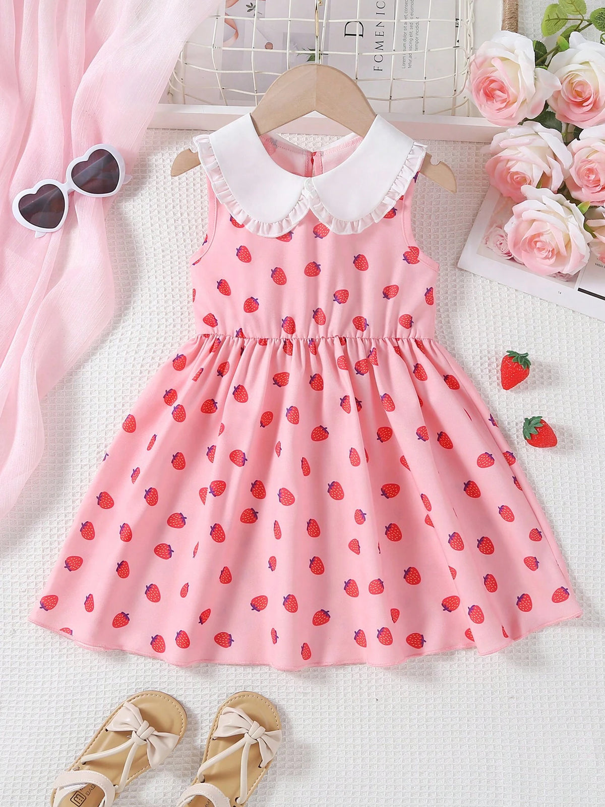 Young Girl Strawberry Print Contrast Peter-Pan Collar Dress, Cute Princess A-Line Dress For Summer