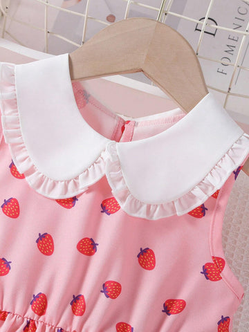 Young Girl Strawberry Print Contrast Peter-Pan Collar Dress, Cute Princess A-Line Dress For Summer
