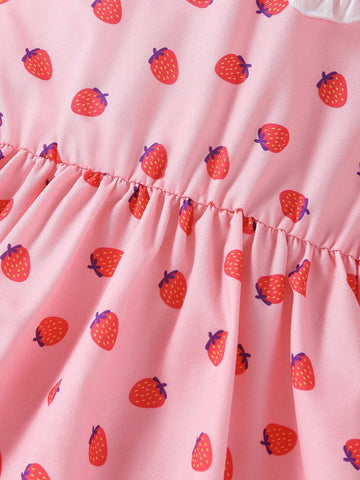 Young Girl Strawberry Print Contrast Peter-Pan Collar Dress, Cute Princess A-Line Dress For Summer