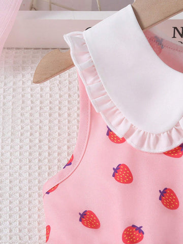 Young Girl Strawberry Print Contrast Peter-Pan Collar Dress, Cute Princess A-Line Dress For Summer
