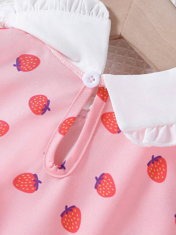 Young Girl Strawberry Print Contrast Peter-Pan Collar Dress, Cute Princess A-Line Dress For Summer