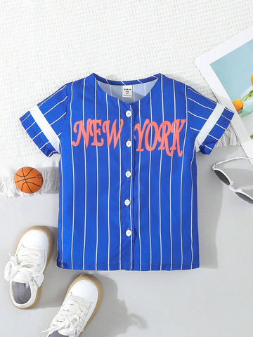 Young Girl Street Style Striped Thin Shirt With English Letter Print, Suitable For Outdoor Street Dance, Summer