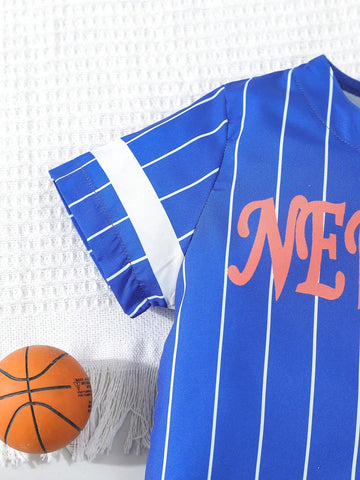 Young Girl Street Style Striped Thin Shirt With English Letter Print, Suitable For Outdoor Street Dance, Summer
