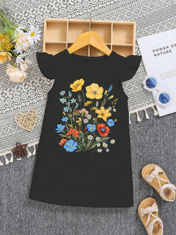 Young Girl Street Style Y2K Floral Printed Round Neck Cap Sleeve Dress