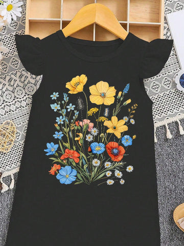 Young Girl Street Style Y2K Floral Printed Round Neck Cap Sleeve Dress