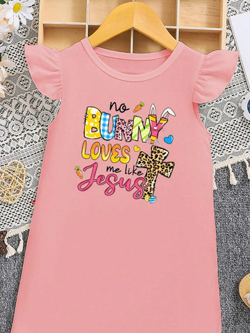 Young Girl Streetwear Y2k Slogan Rabbit Ear Print Mini Dress With Short Puff Sleeves, Suitable For Photoshoots