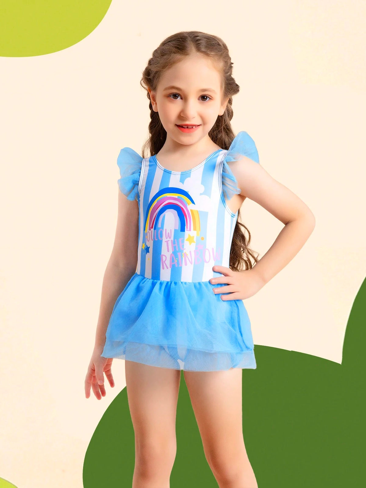 Young Girl Stripe & Rainbow Print Romper Swimsuit 2Pc Set