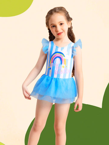 Young Girl Stripe & Rainbow Print Romper Swimsuit 2Pc Set