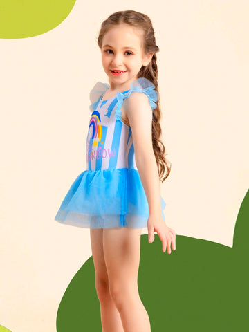 Young Girl Stripe & Rainbow Print Romper Swimsuit 2Pc Set