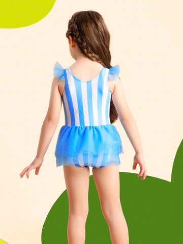 Young Girl Stripe & Rainbow Print Romper Swimsuit 2Pc Set