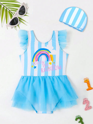 Young Girl Stripe & Rainbow Print Romper Swimsuit 2Pc Set