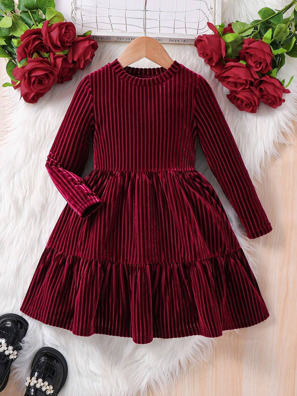 Young Girl Striped A-Line Dress, Elegant Long Sleeve Cake Dress, For Birthday Party, Vacation