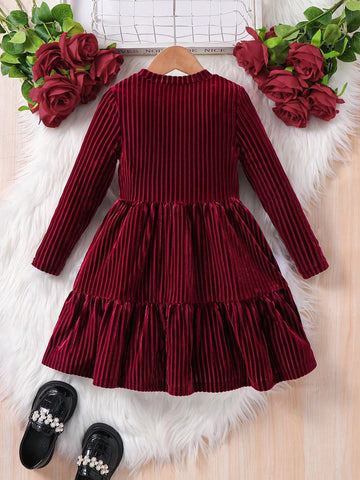 Young Girl Striped A-Line Dress, Elegant Long Sleeve Cake Dress, For Birthday Party, Vacation