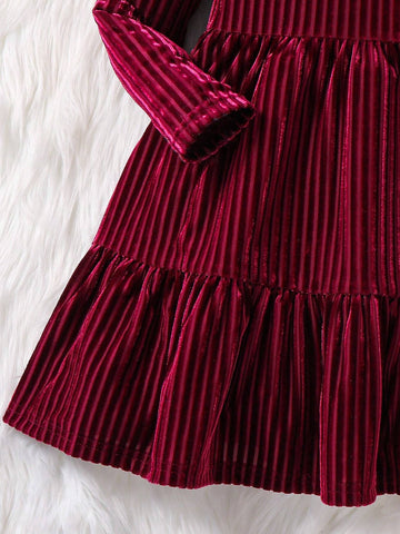 Young Girl Striped A-Line Dress, Elegant Long Sleeve Cake Dress, For Birthday Party, Vacation