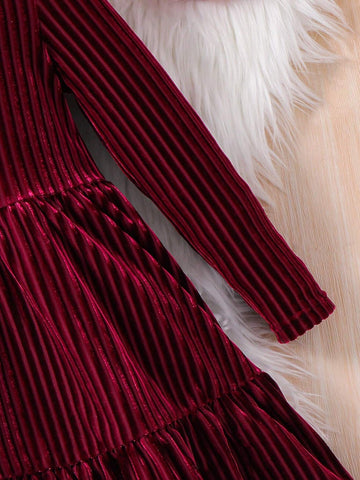 Young Girl Striped A-Line Dress, Elegant Long Sleeve Cake Dress, For Birthday Party, Vacation