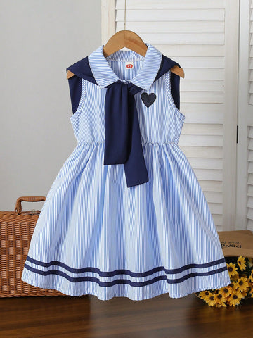 Young Girl' Striped Collar Heart Embroidery Dress + Minimalist Solid Color Shawl