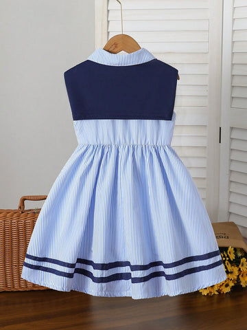 Young Girl' Striped Collar Heart Embroidery Dress + Minimalist Solid Color Shawl